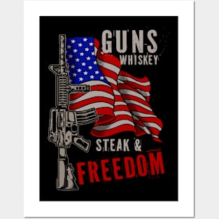 Gun Whiskey Steak Freedom USA American Flag Posters and Art